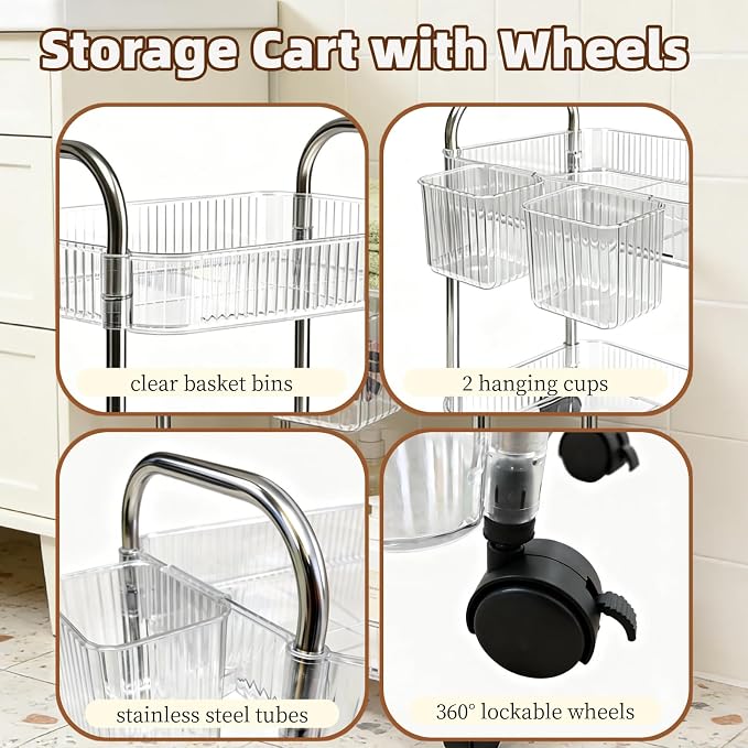 2 Tier Utility Rolling Cart with Wheels Sofa Side Table Small Under Desk Storage Organizer, Clear Acrylic Plastic Mobile Trolley Organization Storage Cart for Kitchen Pantry Bathroom Vanity