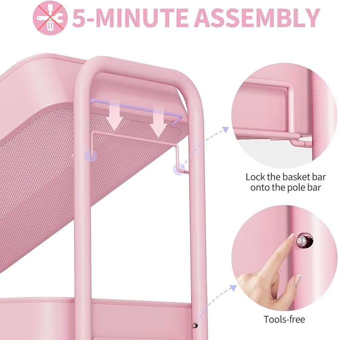 TOOLF 4-Tier Rolling Cart - Metal Storage Organizer with Lockable Wheels, 44 lbs Per Shelf Capacity, Tool-Free Assembly, for Kitchen Bathroom Office Laundry Room Nursery, Pink