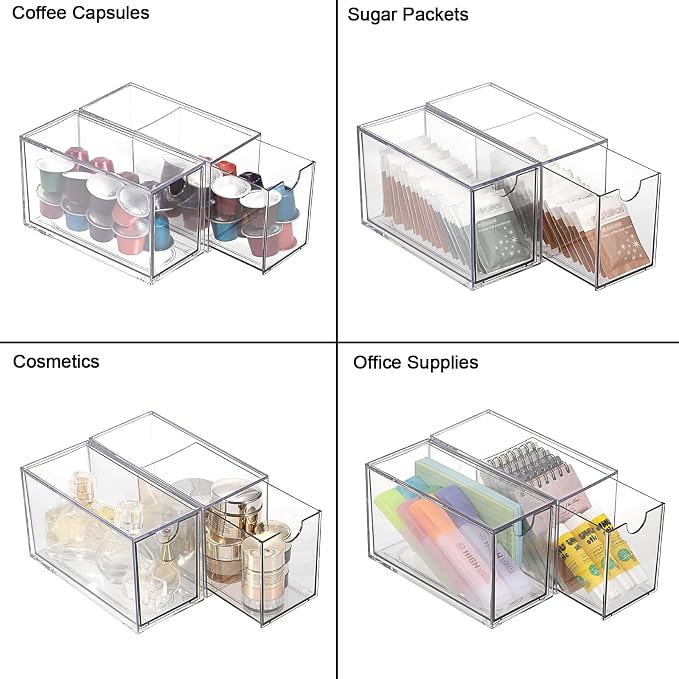 ELLDOO 2 Drawers Tea Bag Organizer, Clear Acrylic Stackable Tea Bag Storage Holder for Kitchen Pantry, Coffee Pod Snack Storage for Countertop Cabinet