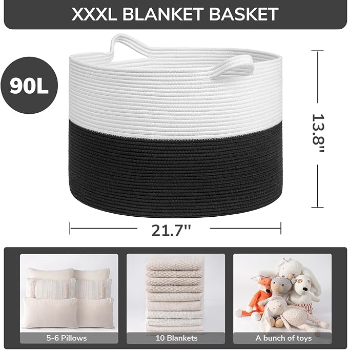 INDRESSME Large Cotton Rope Baskets for Storage, 21.7 x 13.8 Blanket Storage for Living Room Toy Baskets Kids, Baby Laundry Basket for Dirty Clothes, Pillows, 90L White & Black