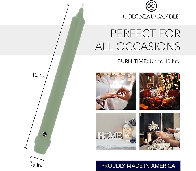 Colonial Candle Unscented Taper Candle, Classic Collection, Colonial Classic Green, 12 In, Pack of 12 - Up to 10 Hours Burn
