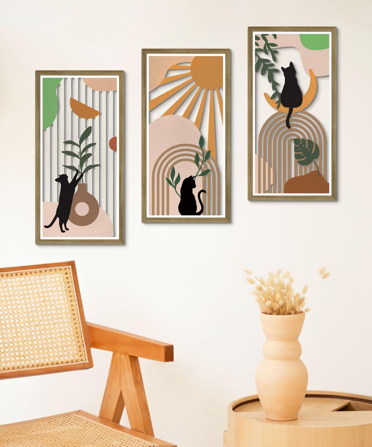Putuo Decor Boho Wall Decor Set of 3, Abstract Boho Cat Wall Art, Mid Century Modern Black Wall Decr for Cat Lovers Home Bedroom Living Room Office