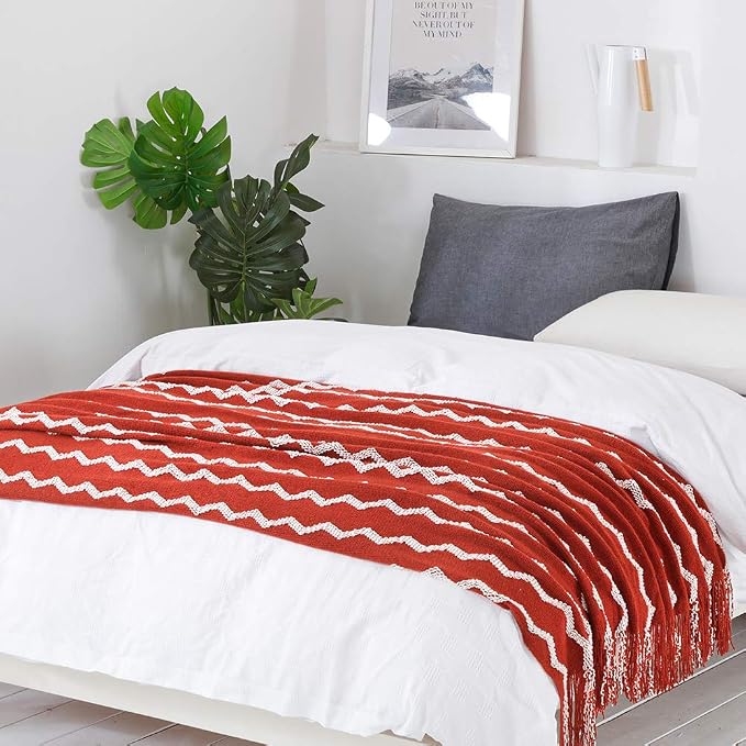 BOURINA Fluffy Chenille Knitted Fringe Throw Blanket Lightweight Soft Cozy for Bed Sofa Chair Throw Blankets, Rust 50" x 60"