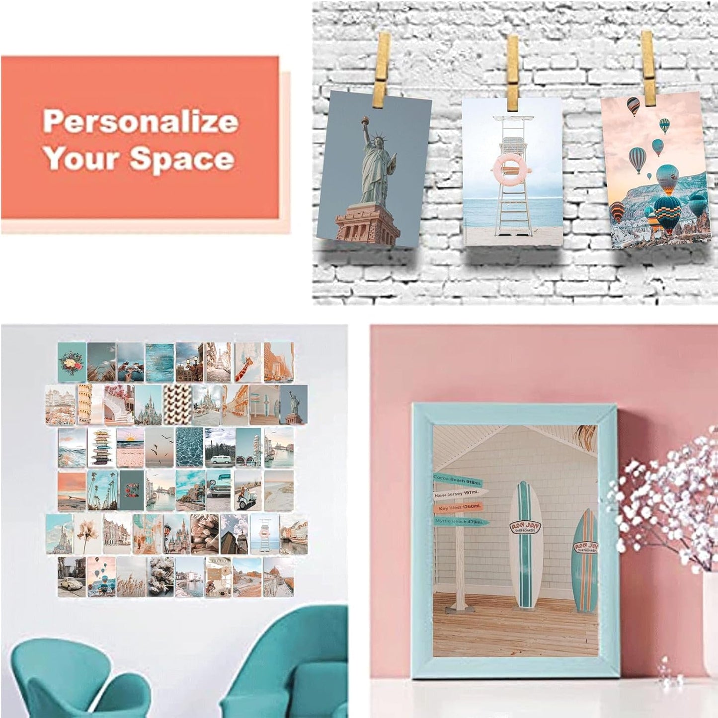 Onivein Peach Teal Wall Collage Kit Aesthetic Pictures, 50Pcs 4 x 6 Inch Blue Aesthetic Picture, Summer Beach Collage Print Kit, Trendy Cute Posters Photo Collage Kit for Dorm Bedroom Decor