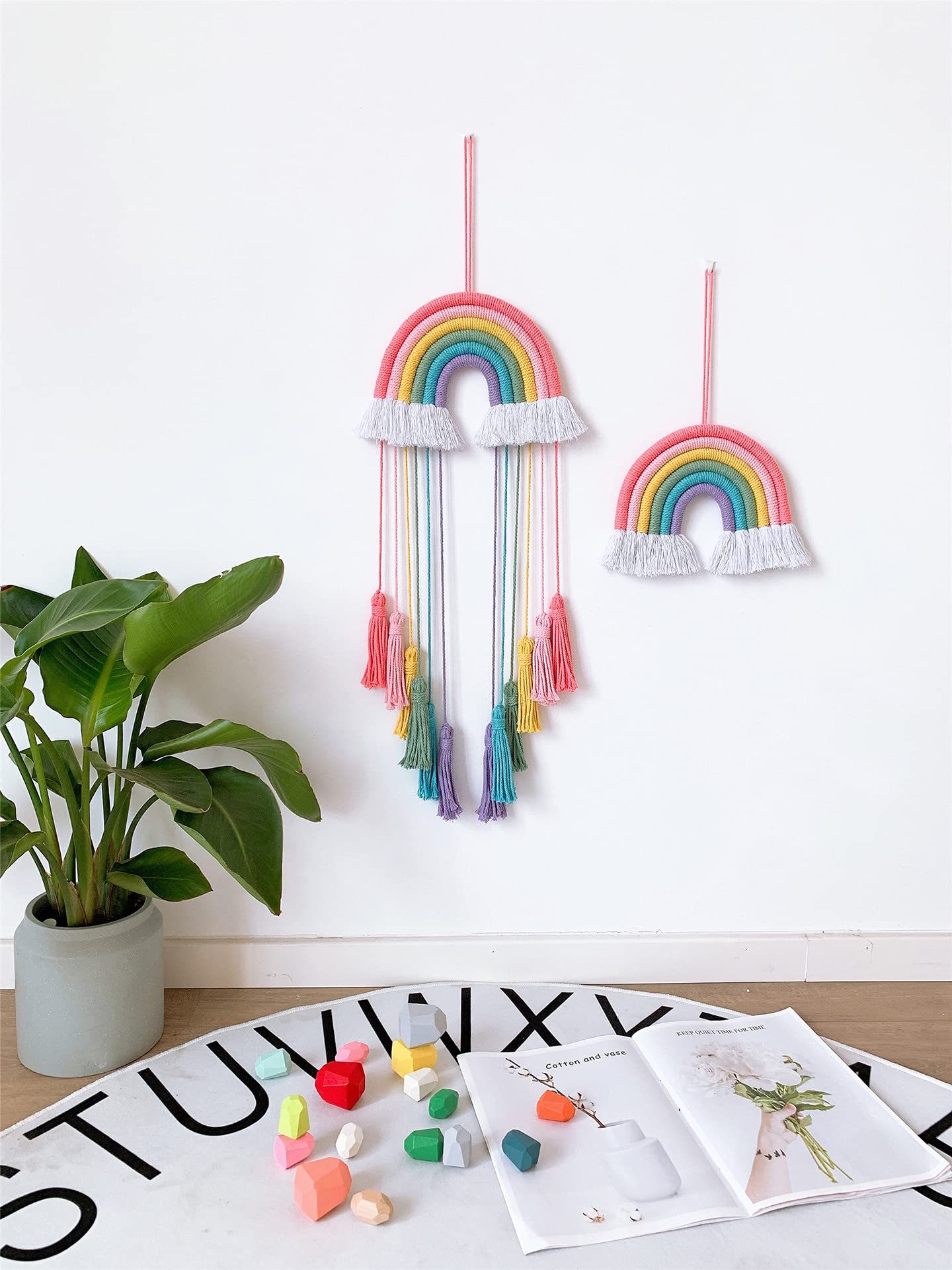 Hand-Woven Rainbow Dreamcatcher Rainbow Dreamcatcher Wall Hanging, Multicolor with Pink Tassels