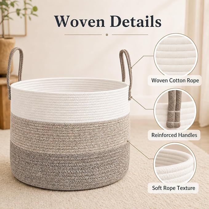JMvicyroam 115L Extra Large Blanket Basket for Living Room - Woven Cotton Rope Laundry Hamper with Reinforced Handles - Storage Bin for Pillows, Comforters & Toys - Machine Washable,White&Brown Mix