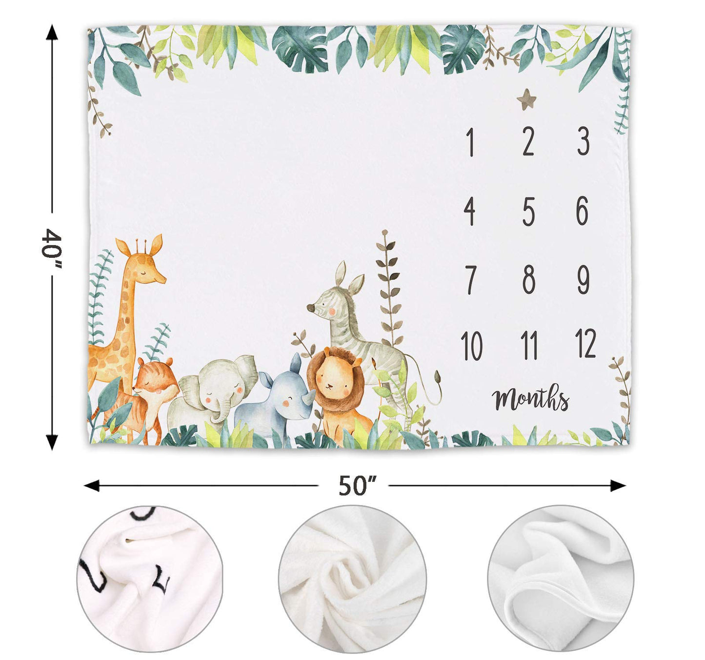 Popfavors, Yuzioey Safari Baby Monthly Milestone Blanket - Jungle Animals Growth Chart for Nursery Decor - White, 50Inx40In - Includes Marker