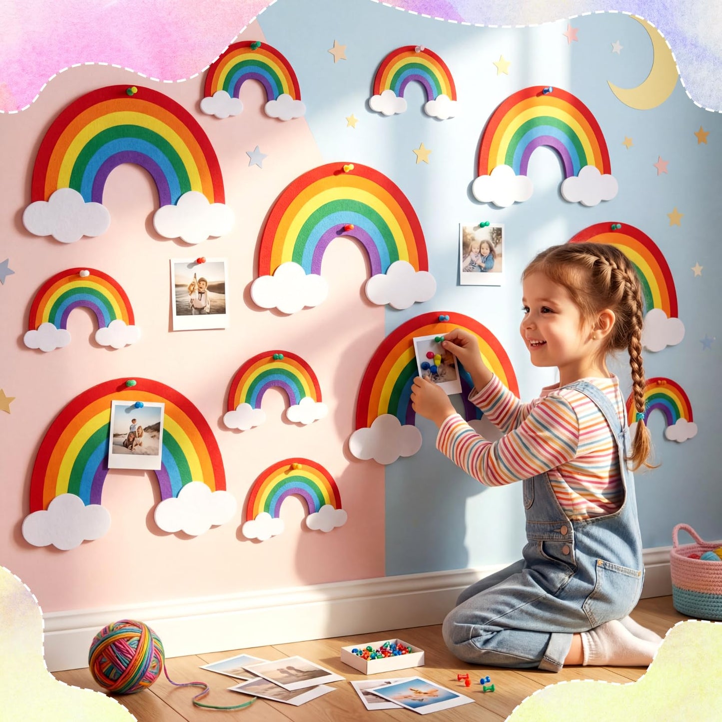 YooNotee 12 Pcs Rainbow Felt Wall Decor Rainbow Bulletin Board 3 Size Bohemian Nursery Decor Wall Hanging Supply for Nursery Bedroom Living Room Home Dorm Art