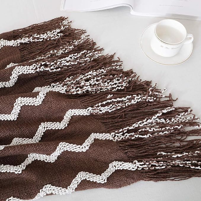 BOURINA Fluffy Chenille Knitted Fringe Throw Blanket Lightweight Soft Cozy for Bed Sofa Chair Throw Blankets, Brown 60"x80"