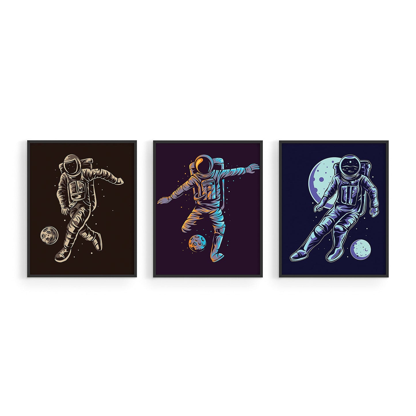 Astronaut Soccer Wall Art Prints - Sports Space - Set of 3 (8x10) Poster Photos - Man Cave- Bedroom Decor