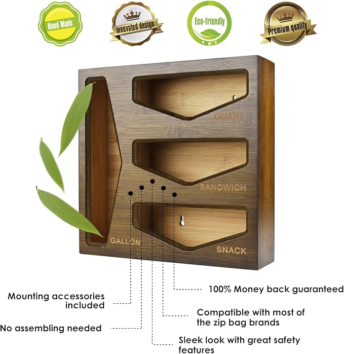 Bamboo Bag Storage Organizer for Kitchen Drawer, Baggie organizer, Compatible with Gallon, Quart, Sandwich and Snack Variety Size Bags (Vintage Brown)