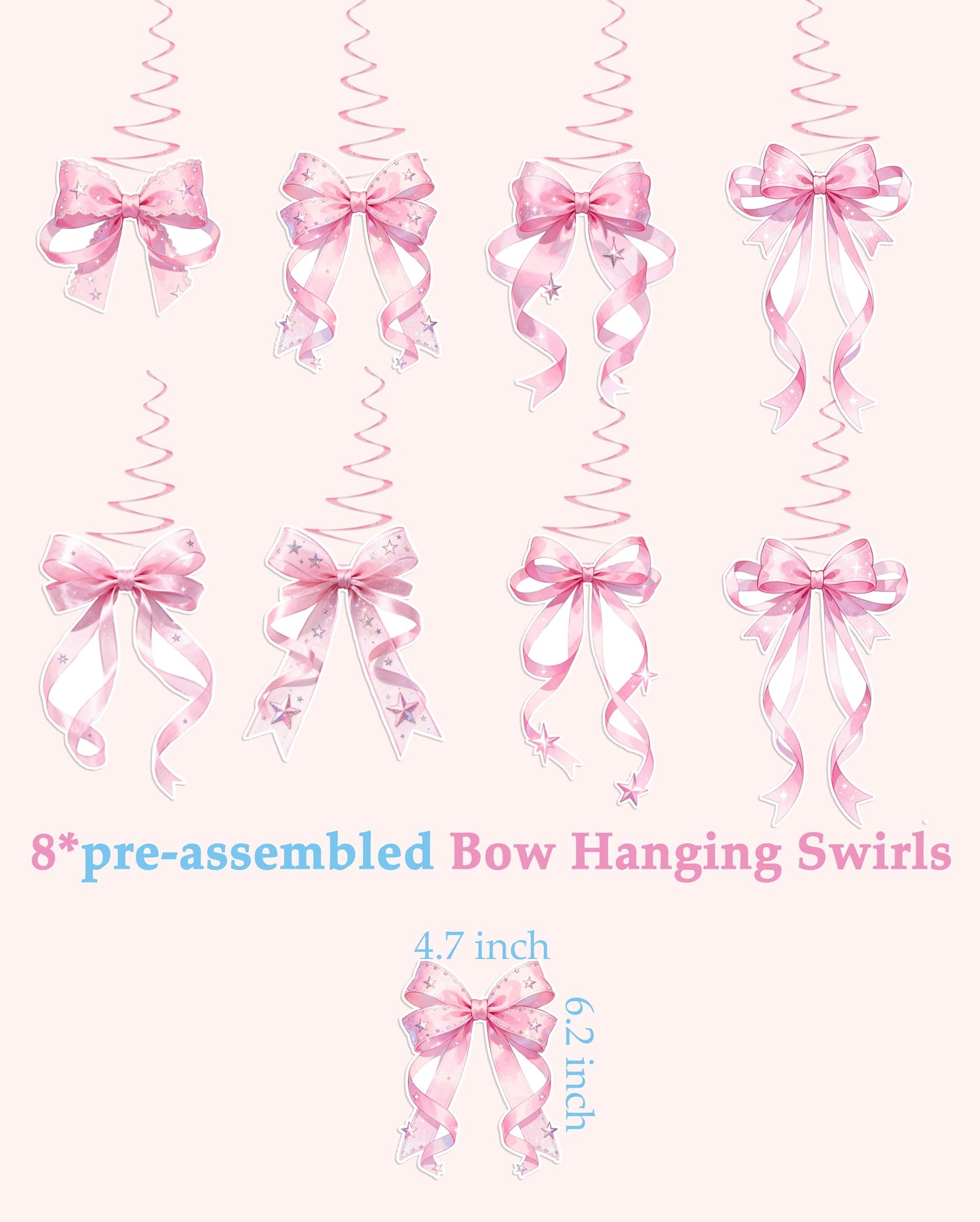 Pre-strung Pink Bow Happy Birthday Decorations - Happy Birthday Banner and Pink Bow Hanging Swirls Kit Decor for Girls Women Room Bachelorette Party