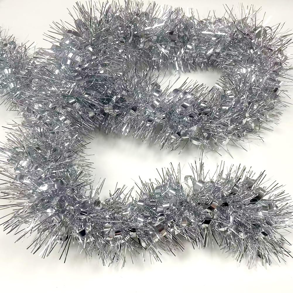 33Ft Christmas Tinsel Garland Shiny Thick Tinsel Xmas Tree Decor Metallic Twist Foil Garland for New Year Parties Birthday Party Thanksgiving Day Parade Floats Indoor Outdoor Supplies - Silver