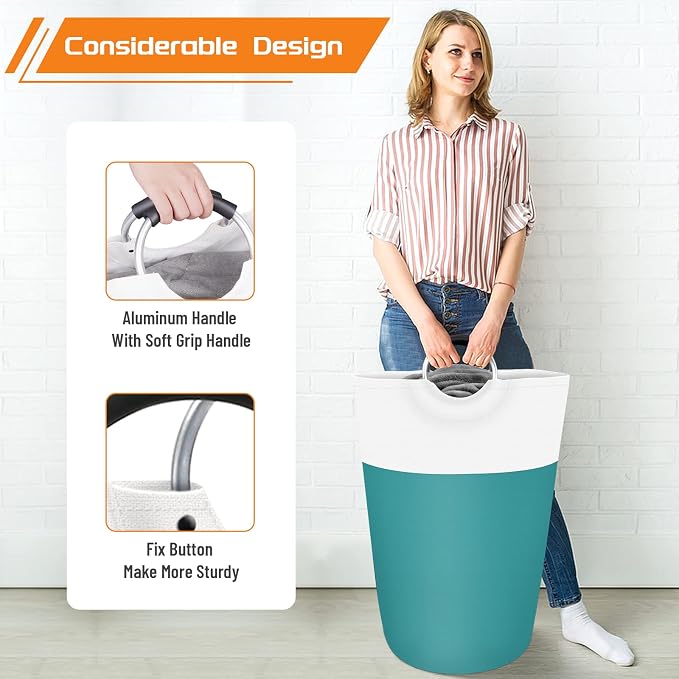 BlissTotes 90L Laundry Basket, Freestanding Laundry Hamper, Collapsible Dirty Clothes Hamper, Waterproof Fabric with Foam Protected Aluminum Handles for College, Dorm, Family (Green)
