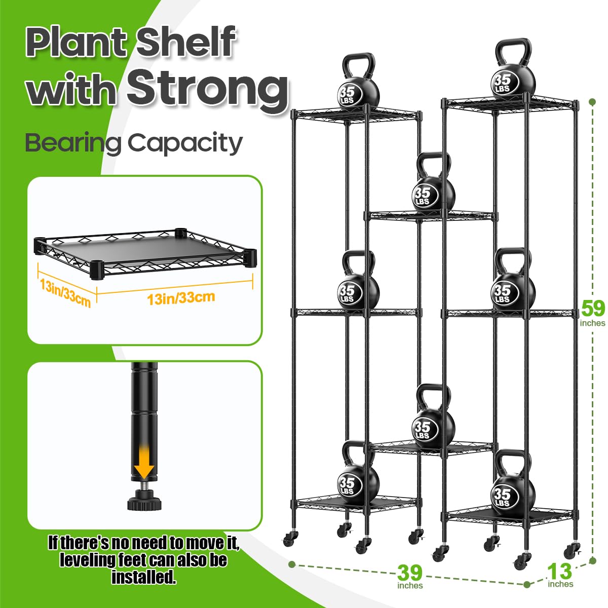 Abimars 59'' Plant Stand with Wheels, Shelf Height Adjustable Metal Plant Shelf for 8 Potted Plants, DIY Assembly Indoor & Outdoor Plant Display Rack
