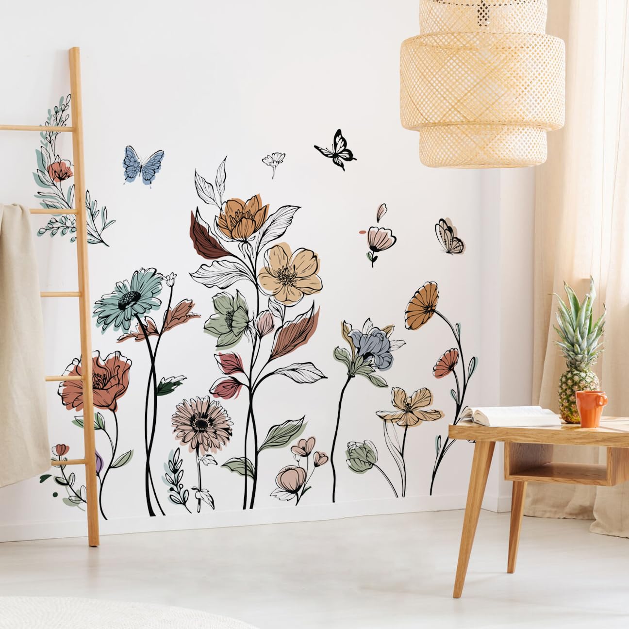 Runtoo Boho Flower Wall Decals Simple Wildflower Floral Wall Stickers for Girls Bedroom Nursery Home Decor