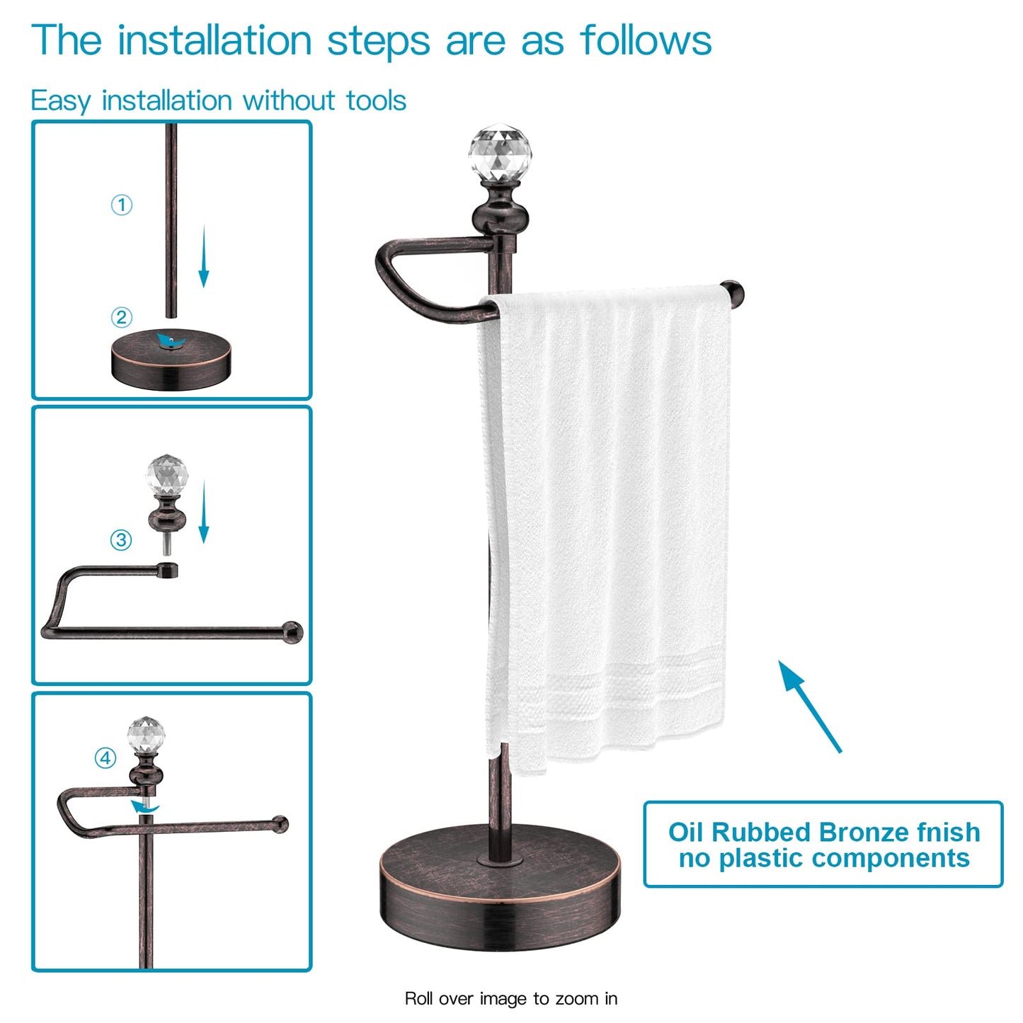 ROLABAM Heavy Weighted Hand Towel Holder(with Crystal Ball) Standing Hand Towel Holder Total Height 15.7'' for Kitchen,Bathroom,Vanity,Classic Decorative Metal Hand Towel Stand,Oil Rubbed Bronze