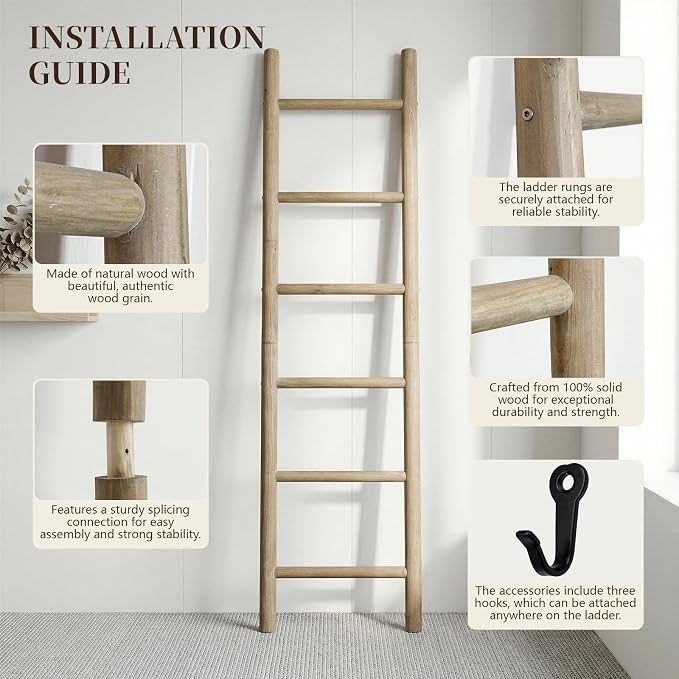 Wooden Blanket Ladder - 76in Natural Wood Color- Leaning Wall Decor for Bedroom, Bathroom, Living Room - Rustic Quilt Holder (Brown (Knock Down), 76in | Knock Down)