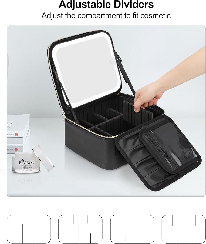 Chomeiu Makeup Bag with LED Mirror, Travel Makeup Case for Women and Makeup Artists Cosmetic Organizer Large Make Up Bags with Light Up Mirror, 3 Color Lights, Adjustable Dividers and Brush Holder
