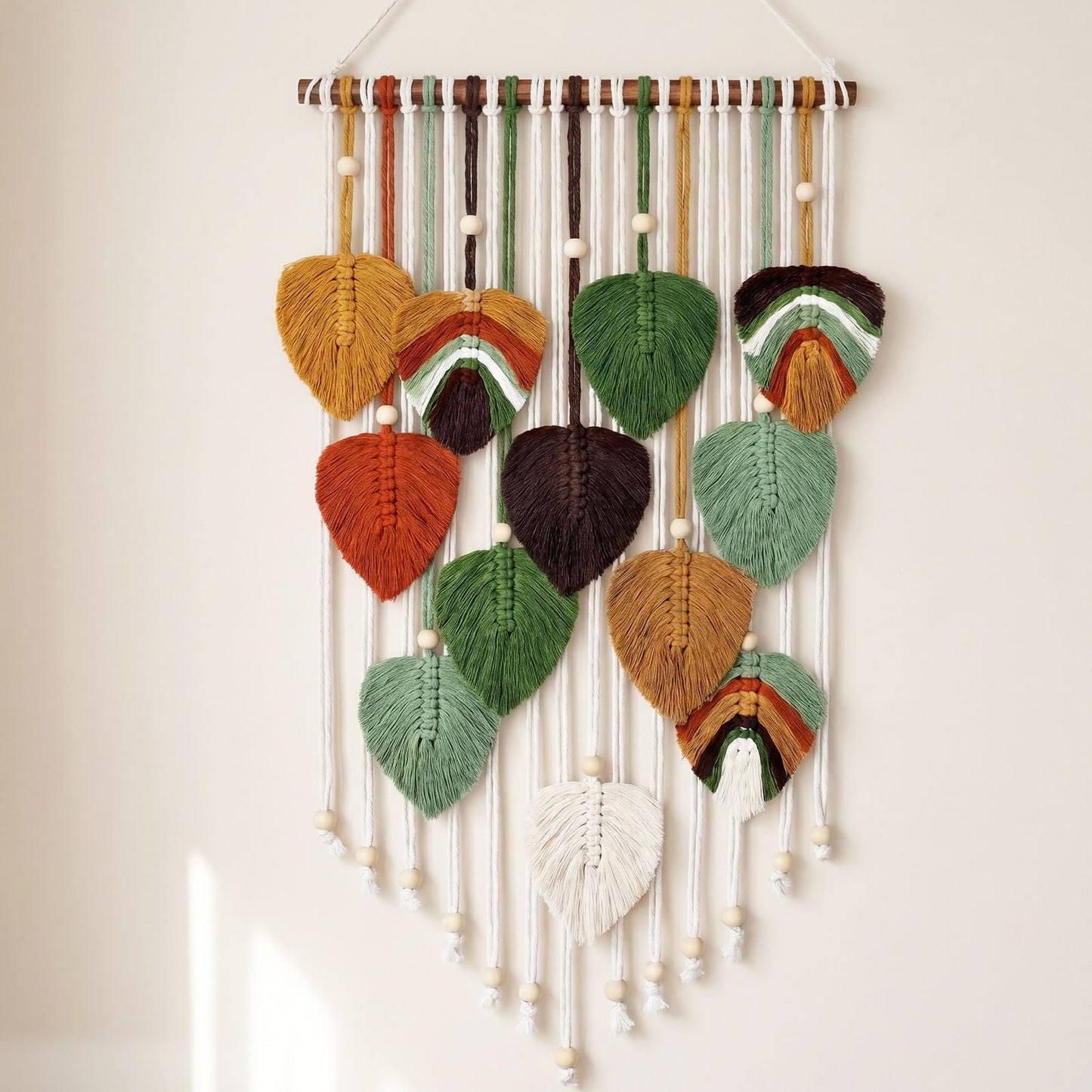 MEIVINES Macrame Wall Hanging Boho Woven Tapestry,Chic Home Decor Modern Bohemian Handmade Leaf Feather Tapestry Wall Art Decor for Bedroom Living Room Nursery Apartment Backdrop 16 X 34 Inch