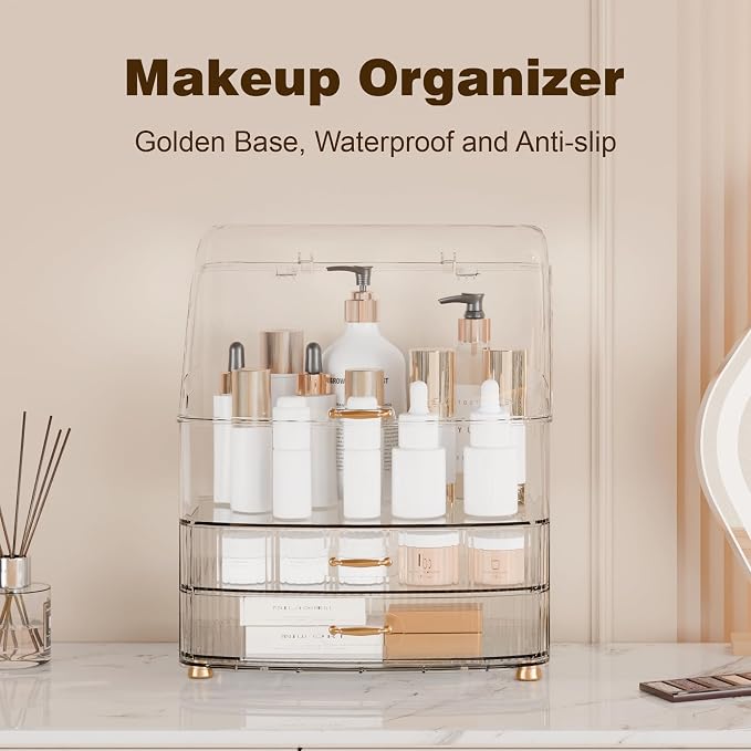 Makeup Organizer Countertop Vanity with Transparent Lid Drawers Waterproof Dustproof Cosmetic Skincare Bathroom Storage Gift for Women Teens Girls (Clear Whtie)