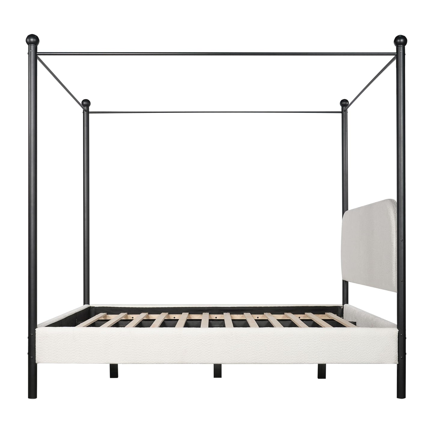 Christopher Knight Home King Size Upholstered Canopy Bed Frame with Boucle Fabric, Curved Headboard and Iron Legs, Modern Platform Bed Frame with Slats No Box Spring Needed, White