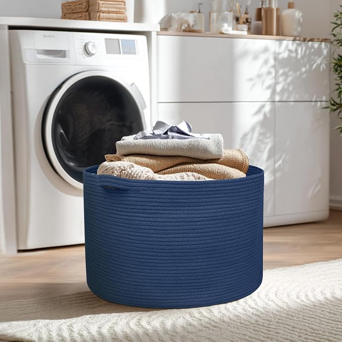 MEGASKET 115L Dark Blue Basket for Organizing, 23.6" x 15.7" XXXL Woven Cotton Rope Laundry Basket, Oversized Blanket Storage for Living Room Bedroom, Kids Toy Box Organizer, Pool Towel Storage Bin