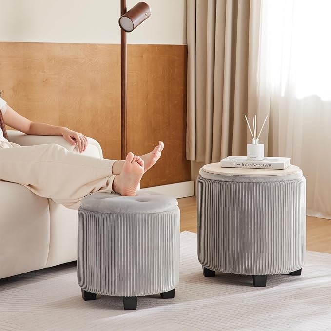 BLEXA Big Round Ottoman with Storage Set of 2,Upholstered Velvet Vanity Stool for Makeup Multifunctional Foot Rest Coffee Table Padded Seat Tufted Ottomans for LivingRoom&Bedroom (Large Grey)