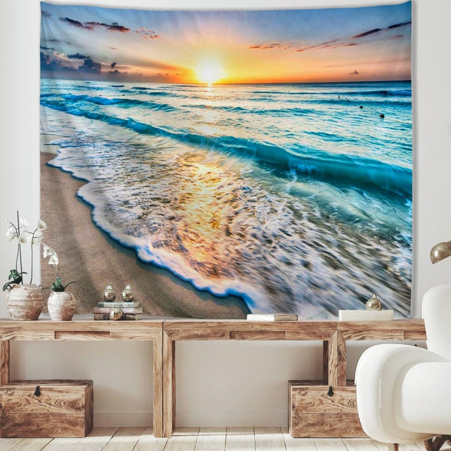 IcosaMro Beach Tapestry Wall Hanging, Ocean Sunset Sea Beach Wave Landscape Scenery Nature Wall Decorations Bohemian Home Decor for Bedroom, Dorm, College, Living Room, 51x60, Blue