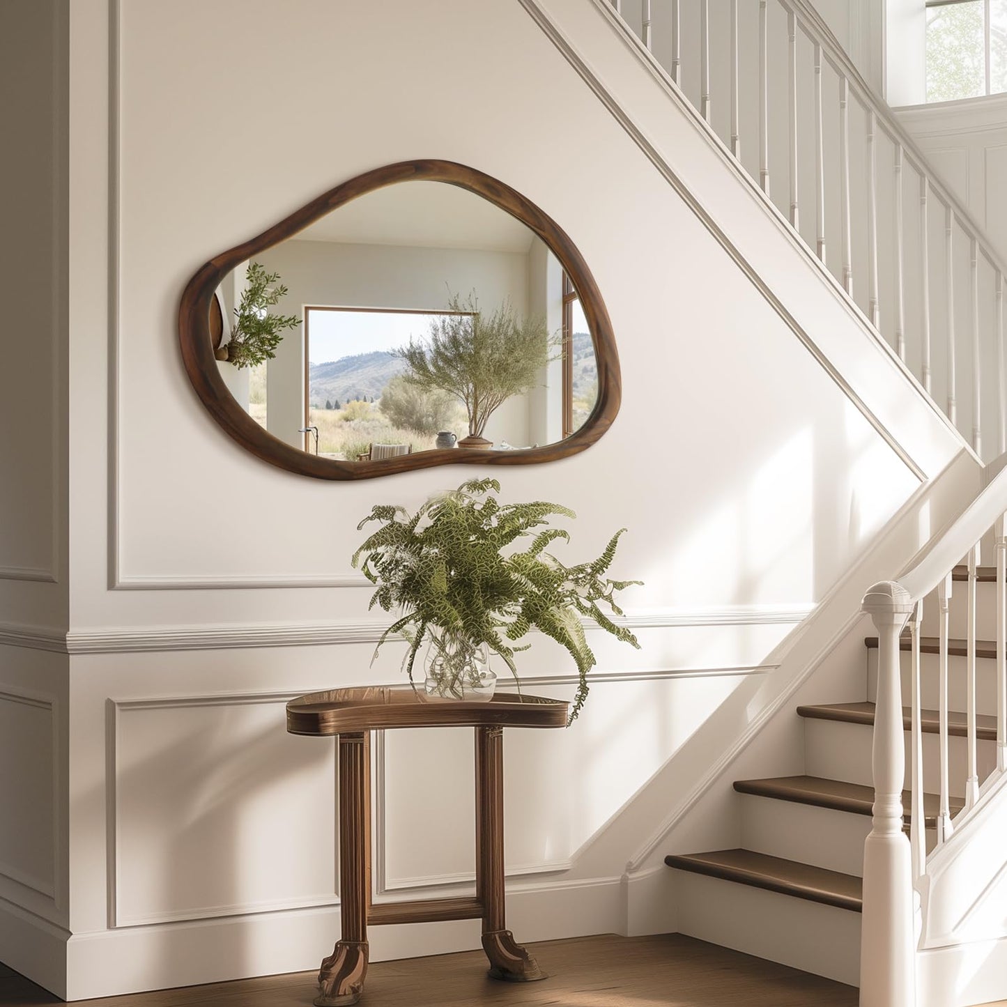 TheiaMo 35"x24" Wood Bathroom Mirror Wall Mounted, Dark Walnut Irregular Wall Mirror, Rustic Farmhouse Vanity Mirror for Bedroom Living Room Bathroom Entryway, Horizontal/Vertical
