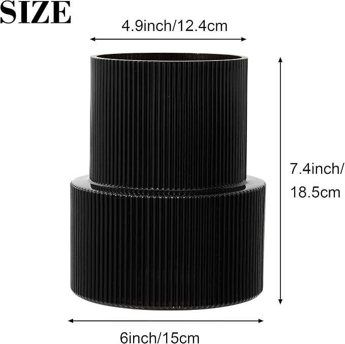 Ribbed Glass Vase, Flower Vase, Fluted Black Vases for Flowers, Modern Vases for Living Room, Dining Table, Entryway, Shelf, Wedding, Office, Coffee Table, Birthday, 7.5 Inches
