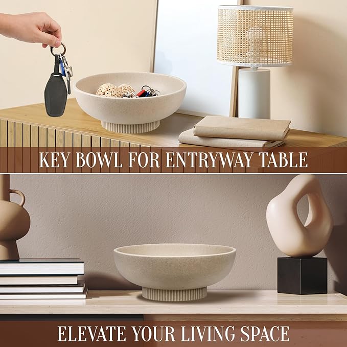Deobath Large Resin Pedestal Decorative Bowl - Modern Handicraft Bowls for Home Decor - Fruit Bowl for Kitchen Counter - Key Bowl for Entryway Table,Artificial Stone Beige