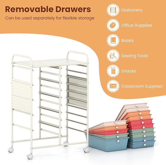 Giantex 15 Drawer Storage Cart, Rolling Craft Cart with Metal Tabletop & Pegboard, Mobile Utility Organizer Trolley with Locking Wheels, Home Office, Macaron Multicolor