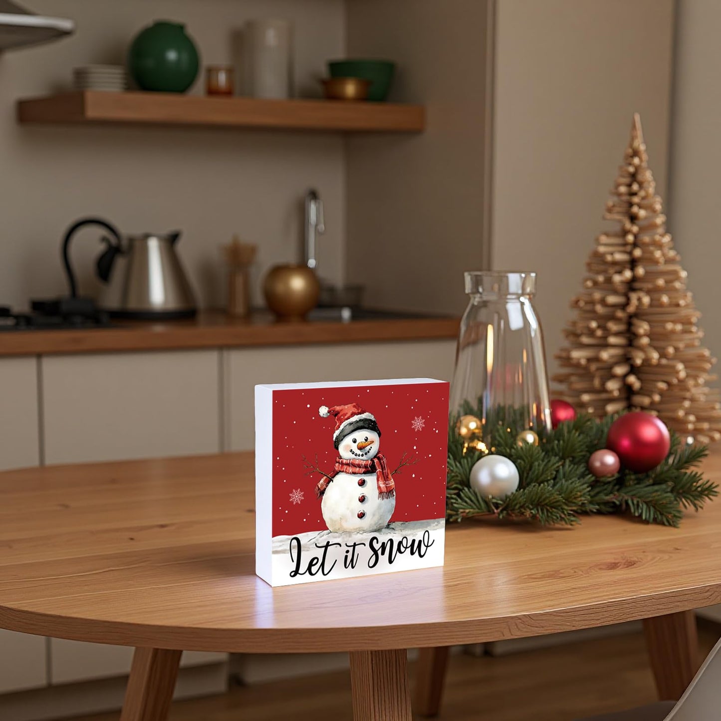 Christmas Table Decorations Christmas Decor Indoor Home Room Winter Snowman Let It Snow Office Bathroom Wood Box Sign Rustic Wooden Shelf Desk Decor Season Sign House Warming Gifts 5.9 x 5.9 Inch