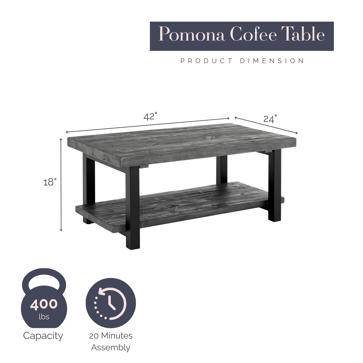 Pomona 42-Inch Rectangular Solid Wood Coffee Table with Storage Shelf & Metal Legs – Modern Rustic Industrial Living Room Table by Alaterre Furniture (Slate Grey)