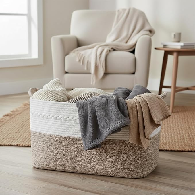 Large laundry basket woven from natural cotton rope with handles storage blankets for living rome big decorative quilted baskets for clothes toys pillows hamper 22"x14.6"x12" white/brown