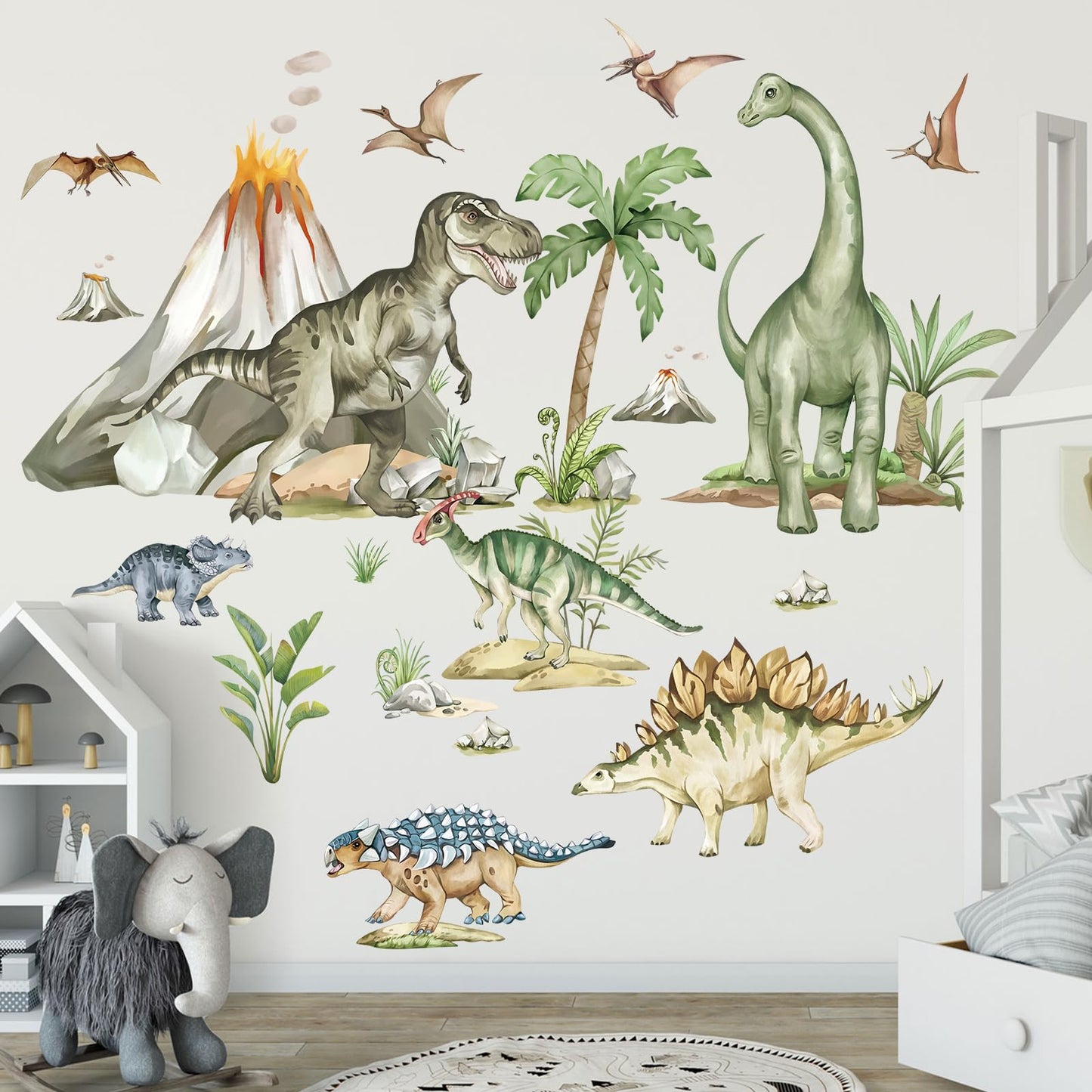 wondever Large Dinosaur Wall Stickers Tropical Animal Dino Volcano Plants Wall Art Decals for Boys Room Baby Nursery Kids Bedroom