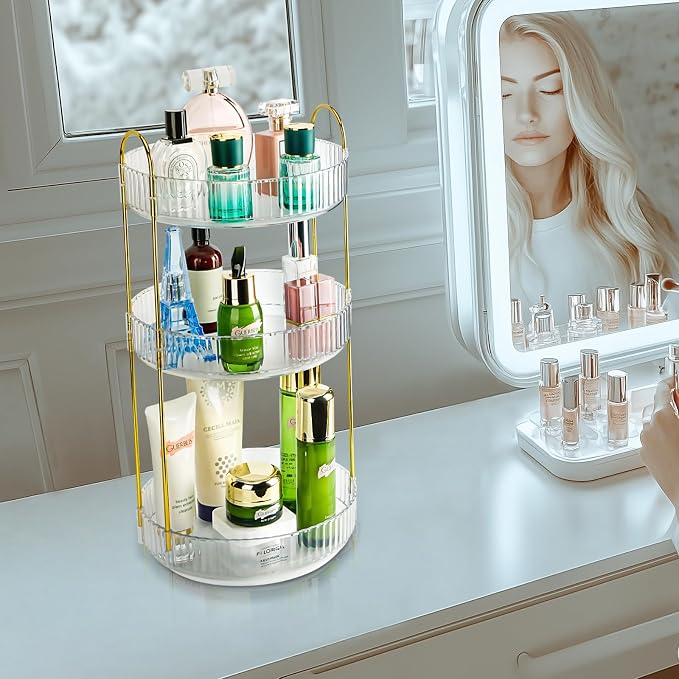 360 Rotating Makeup Organizer, 3 Tier Large Capacity Lazy Susan Bathroom Counter Organizer, Skincare Organizers, Spinning Perfume Organizer & Vanity Organizer Countertop (Golden Clear, 3 Tier)