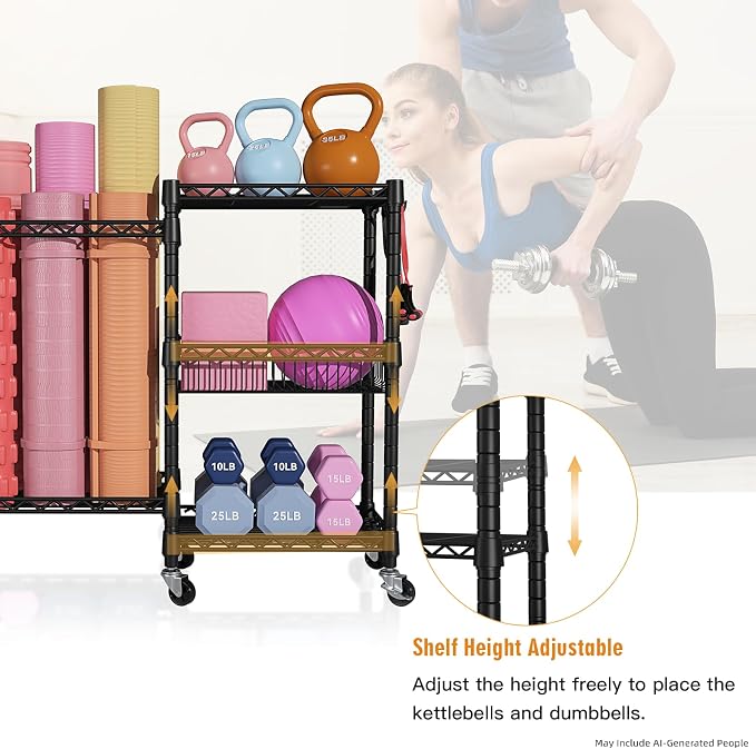 FUTASSI Home Gym Storage, 3 Tiers Workout Equipment Organizer with Wheels for Yoga Mats, Foam Roller, Dumbbells, Kettlebells, and Resistance Bands