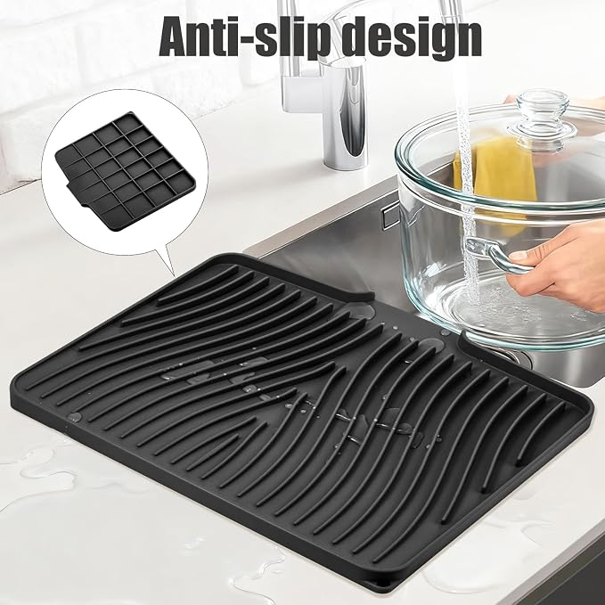 TIKNIK Silicone Dish Drying Mat for Kitchen Counter - Heat Resistant & Non-Slip Dish Drain Pad with Built-In Drain, Dishwasher Safe, Quick-Dry, Hangable & Roll-Up for Storage, Black-1pc, 16" x 12"