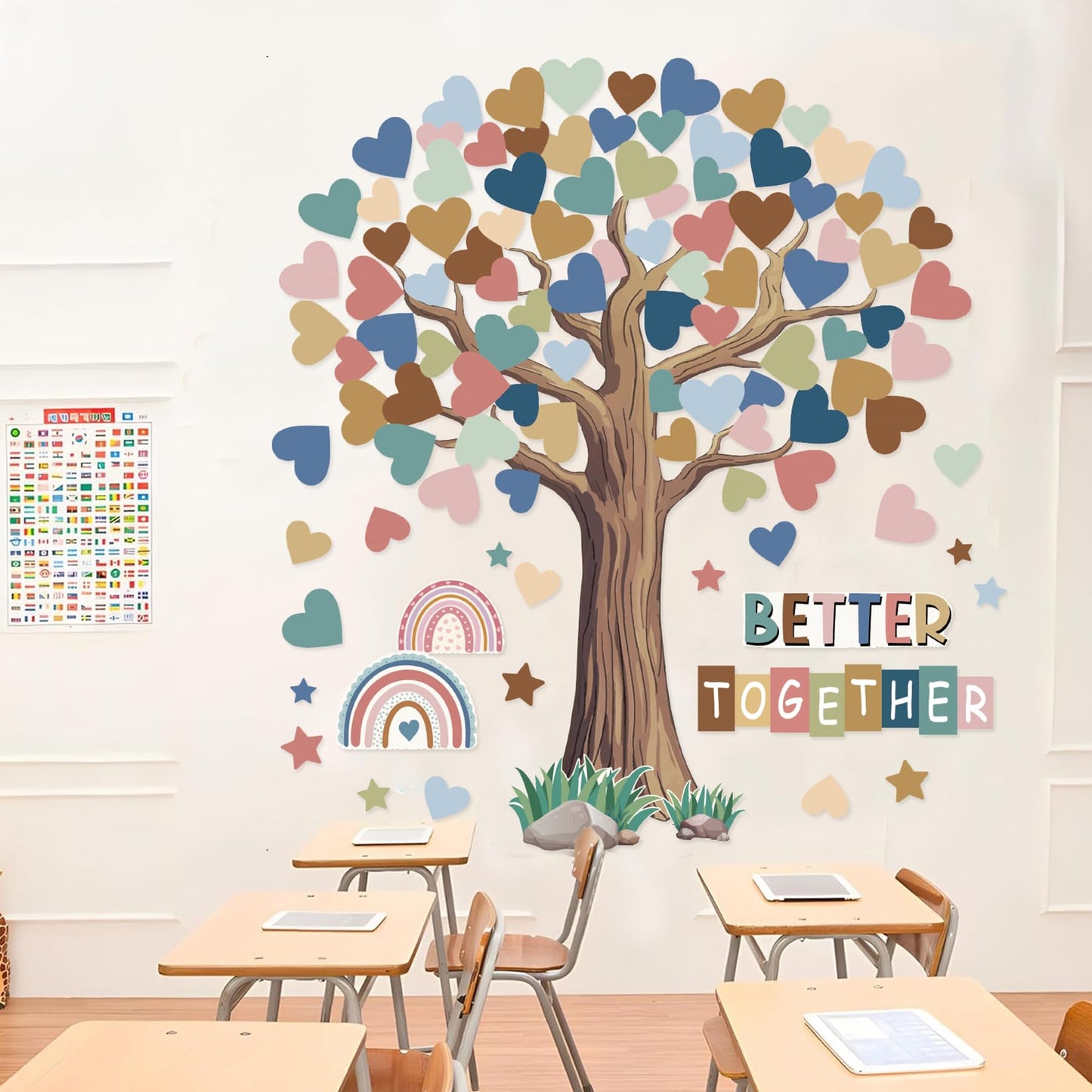 Adduster 108 Sheet Tree Bulletin Board Set - Classroom Tree Bulletin Board Set Heart Cutouts Classroom Bulletin Wall Decor Supplies for School Elementary Teacher Chalkboards (Bohemian)