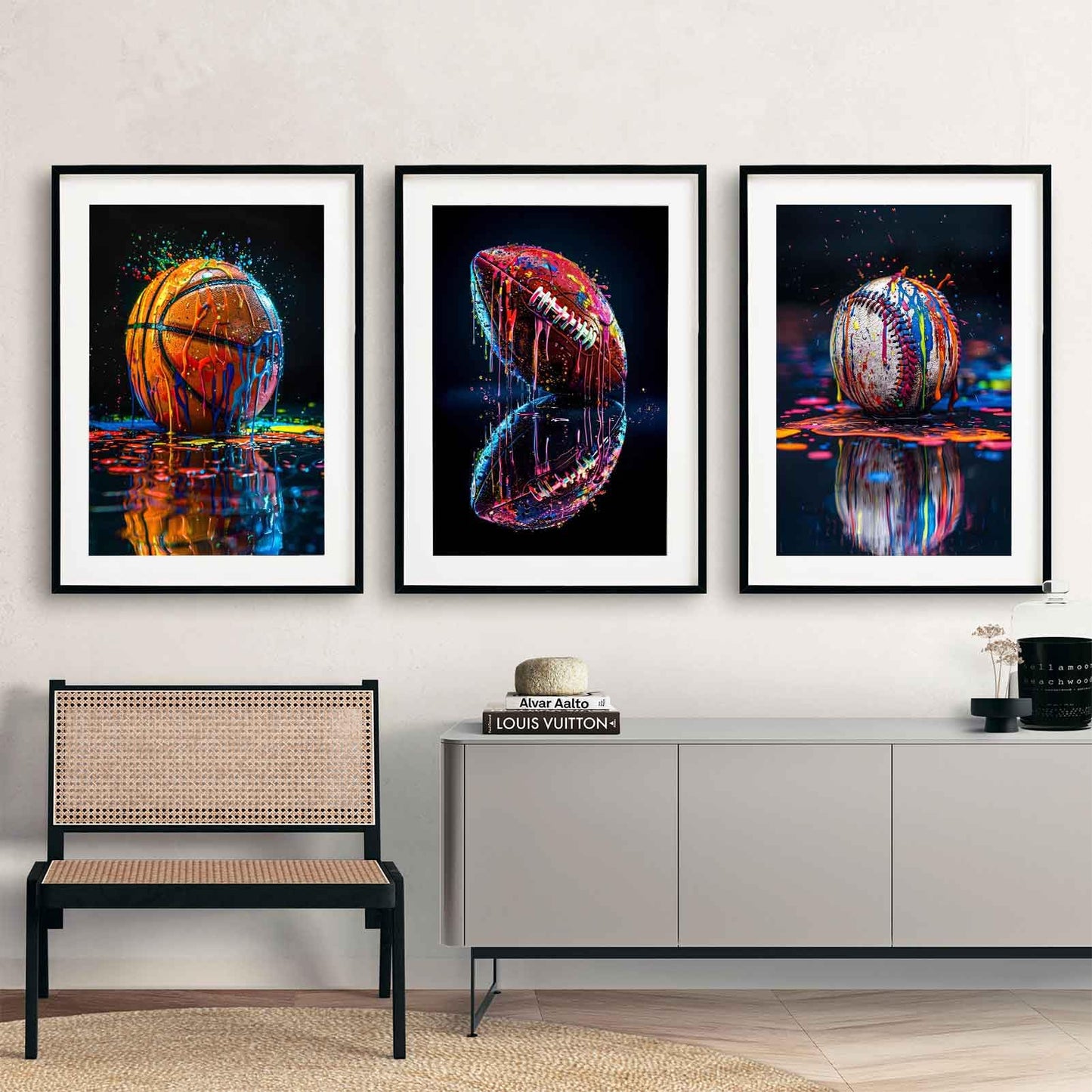 3Pcs Graffiti Sports Canvas Wall Art Boys Room Rustic Football Baseball Rugby Wall Decor Picture American Football Painting Posters Prints for Nursery Playroom Living Bedroom Decoration No Frames