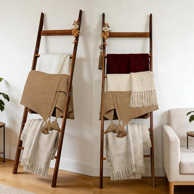 Wooden Blanket Ladder, Leaning Towel Rack with 5 Hooks, Rustic Quilt Display Ladder Stand for Bathroom, Bedroom, Living Room, Easy Assembly