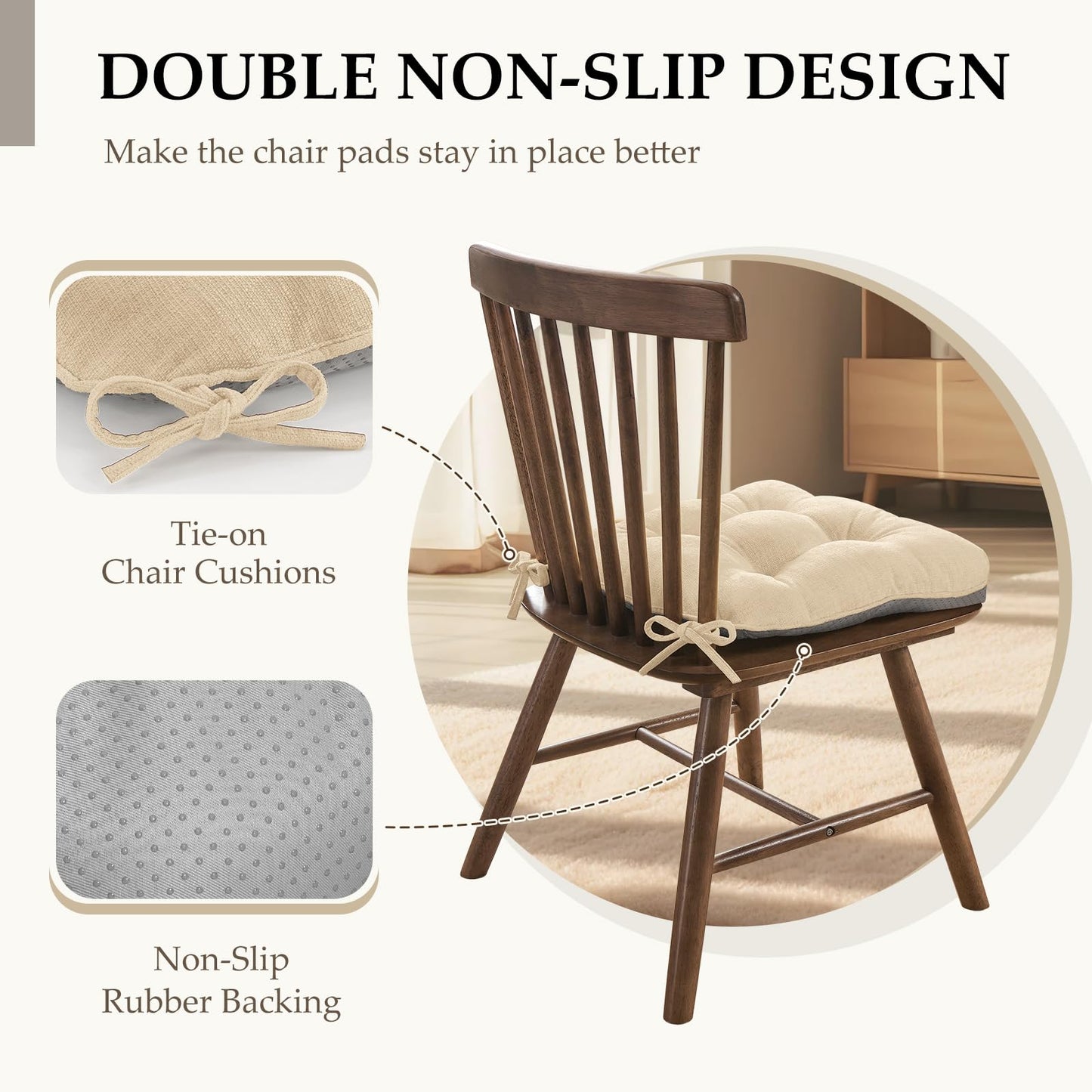 HARBOREST Chair Cushions for Dining Chairs Set of 4 - Chenille Tufted Kitchen Chair Cushions with Ties and Non-Slip Bottom, Foam Chair Pads for Dining Chairs, 17" x 17", Ivory