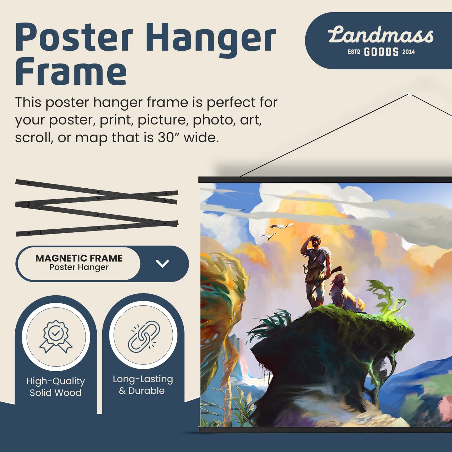 Landmass 30” Wide Black Magnetic Poster Hanger - 30x20 30x24 30x30 30x40 - Wood Hugger Frame for Posters, Prints, Photos, Pictures, Maps, Scrolls, and Artwork - Wall Hanging Wooden Frame