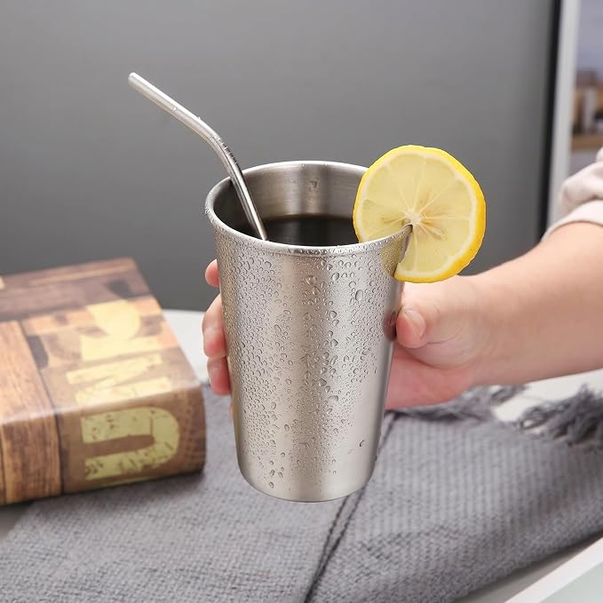 Tosnail 6 Pack Stainless Steel Pint Cups, 16 oz Metal Cups Unbreakable Drinking Glasses Water Tumblers for Kids, Adults Indoor and Outdoor Use, Silver