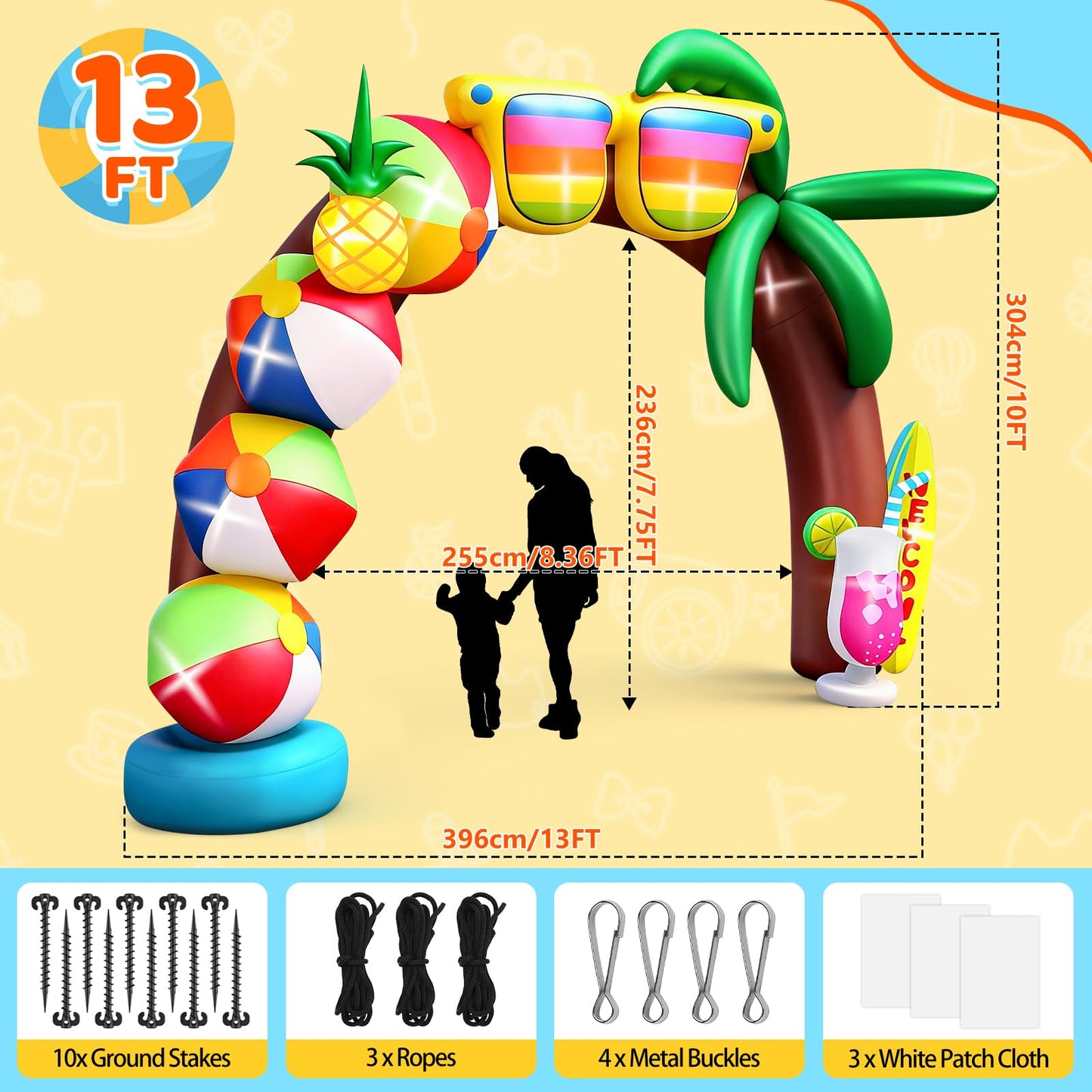 Kalolary 10FT Tall Summer Inflatable Outdoor Decorations, Beach Ball Archway Blow Up Inflatable Arch with Build-in Lights for Beach Party Pool Party Yard Garden Summer Decors