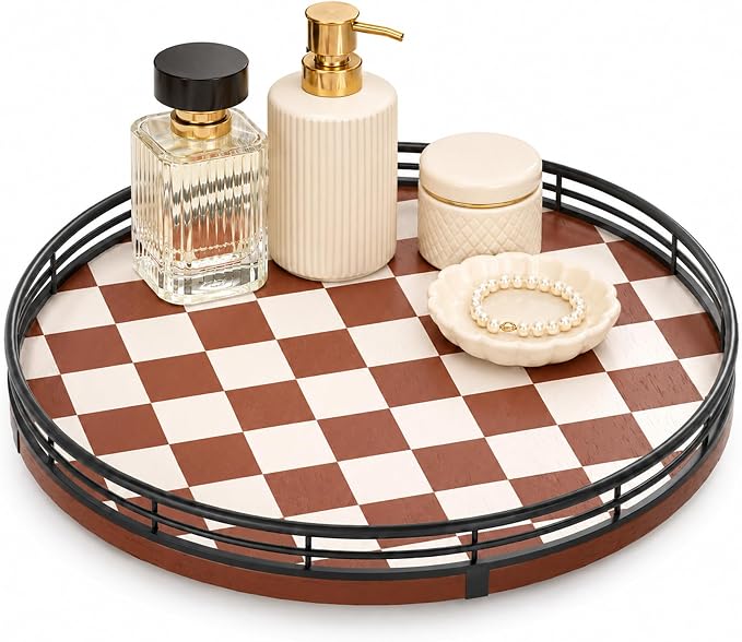 Brown Checkered Lazy Susan Organizer, 10 Inch Rotating Countertop Tray with Black Metal Rail, Wood Turntable for Kitchen Counter, Coffee Bar, Bathroom Vanity, Perfume and Spices