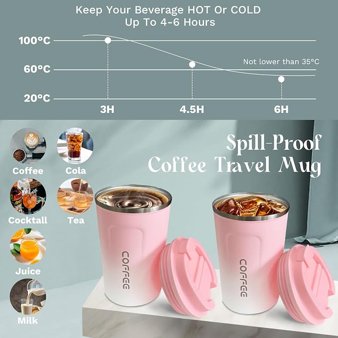 YINBAOGE Insulated Travel Coffee Mug, Spill & Leak Proof, Portable To Go Camping Stainless Steel Coffee Tumbler, Reusable Thermal Coffee Cup with Lid for Hot & Cold Drinks (2nd-Pink White, 12 OZ)
