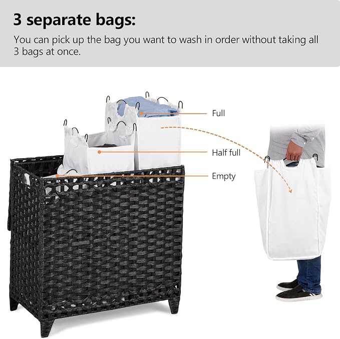 Laundry Hamper with 3 Removable Liner Bags; 132L Handwoven Rattan Laundry Basket with Lid & Heightened Feet; Clothes Hamper with Side Handles; Laundry Sorter with 3 Separate Sections